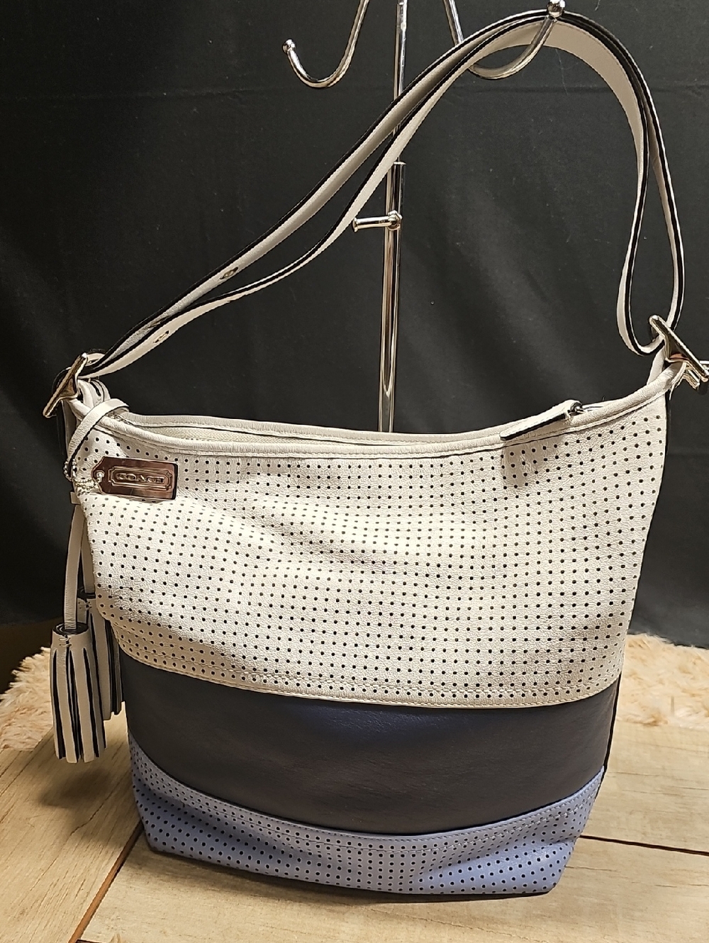 Coach three-Tone Perforated Leather Hobo in White, Navy & Light Blue